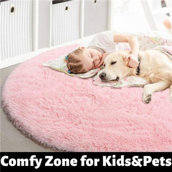 Pink Round Rug for Girls Bedroom,Fluffy Circle Rug5'X5'for Kids Room,FurryCarpet - Picture 4 of 6